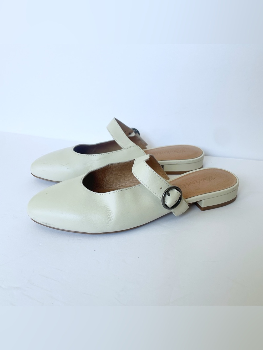 Madewell Kinley Leather Cream Mary Jane Backless Mule Flats Buckle Size 7.5 Heel